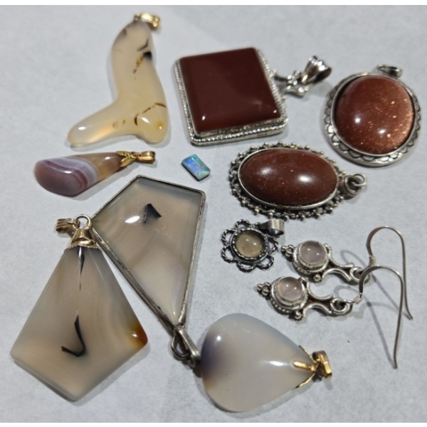 Polished Golden Sandstone + Agate Stone Pendants With Gold Plated Clasps + 925 Settings