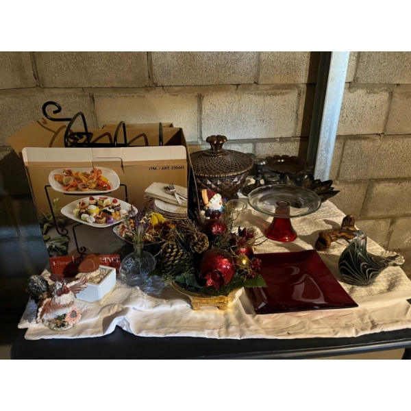 collection of Christmas decorations, serving plates and a vintage ice bucket