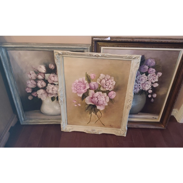 Trio of Framed Floral Paintings.  Light Frame 21 w 27 h