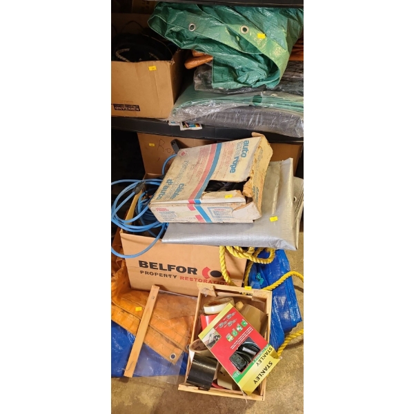 Assorted Tarps, Bungees, Extension Cord, Boxes w/ Rope and More!