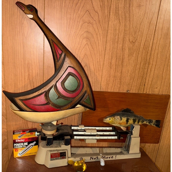 Northwest Tribal Art Goose Carving, Fish On Board Wall Art & Triple Beam Balance Scale