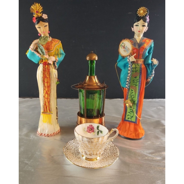 2 Geisha Dolls, Queen Anne Teacup and Saucer, and A Vintage Reuge Musical Lantern Decanter