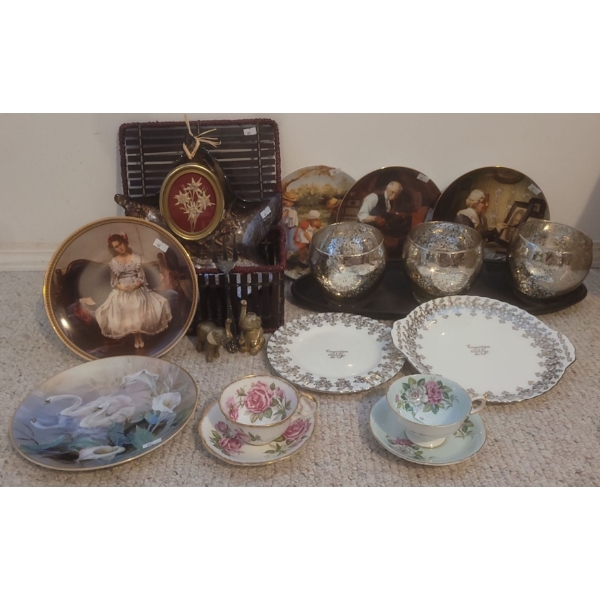 Collectible Plates Tea-Cups & Saucers w/ Sitting Brass Elephants and More