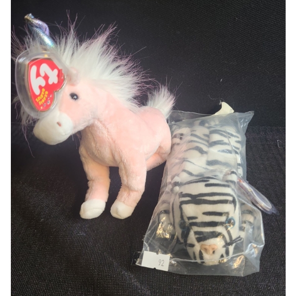 Beanie Babies: Charmer the Pink Unicorn and Blizzard the White Tiger