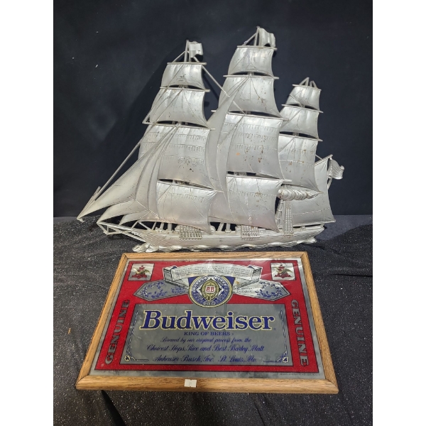 Plastic Ship Wall Decor 26.5 X 21 and Framed Budweiser Mirror19 X 13