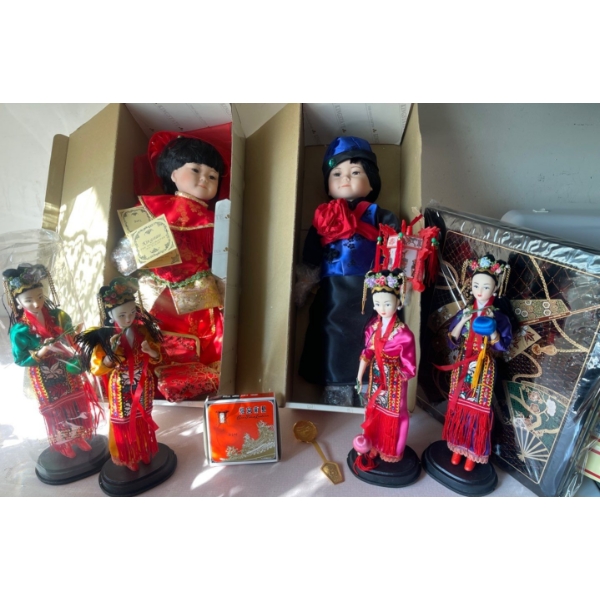 2 Porcelain Asian Beauties in Traditional Attire 23T w/ Asian Barbie Style Dolls & More