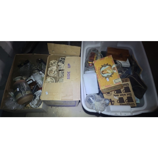 Several Boxes of Household Items and Decor Including: Drinkware, Stag Horn Knives