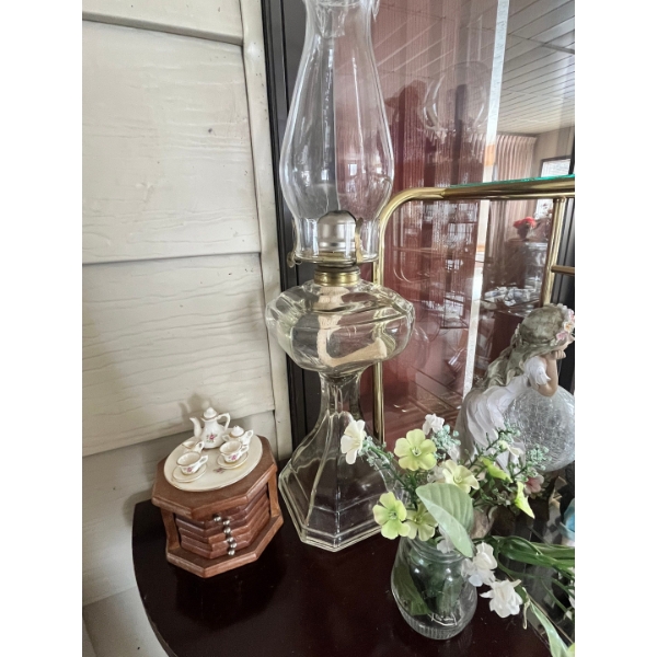 Vintage glass oil lamp, likely identifiable as a "Mayflower" model, characterized by hexagonal glass