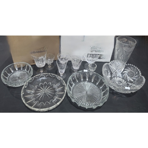 Assortment of Glassware and Serving Bowls, Vase w/ Ribbon Design 4.5" Diameter, 8.5 T 