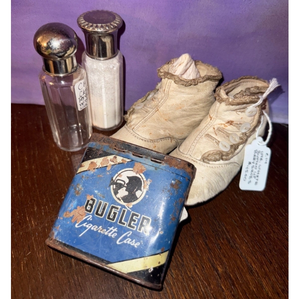 Bugler Cigarette Case, Two Victorian Clear Bottles, & Vintage Button up Baby Shoes