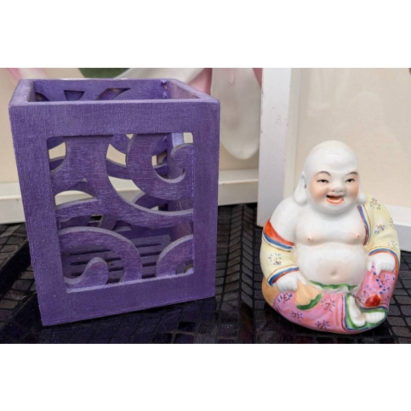 1999 IKEA Ribba Shadowbox Art with Ceramic Buddha Figure and Wooden Box