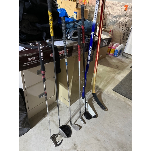 6 golf clubs, King cobra Callaway, tailor-made odyssey Nike left-handed, hockey stick and Bauer supr