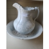 Image 3 : Wooden Wash Stand w Kids Step.  Royal Ironstone Wash Basin & Pitcher 30 w 17 1/2 d 61 1/2 h 