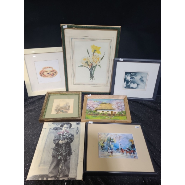 Assorted Prints: Flowers 13 X 17, Others Smaller Framed Under Glass