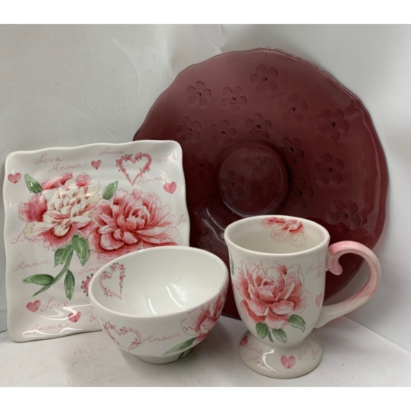 Assorted Dishware Collection (Slight Chipping on Cup)  w/ Gorgeous Amethyst Serving Dish 