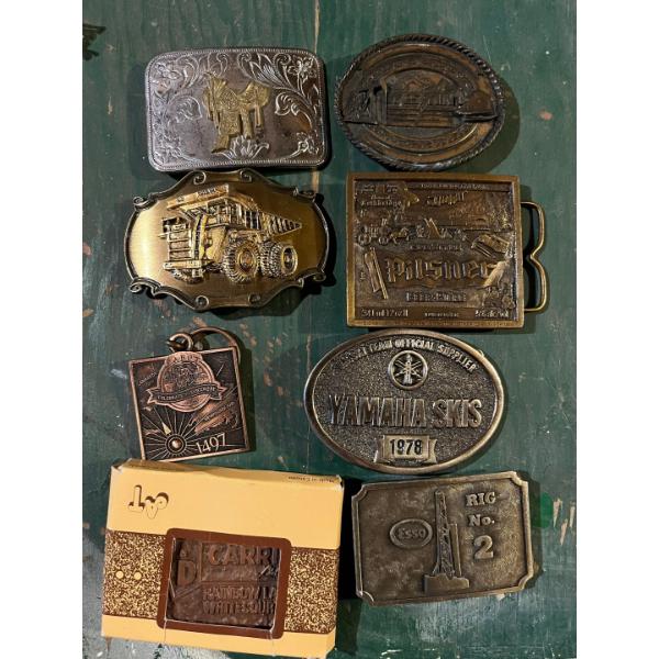 Vintage collection of belt, buckles Pilsner, Yamaha Esso rig number two and other cool collectable b