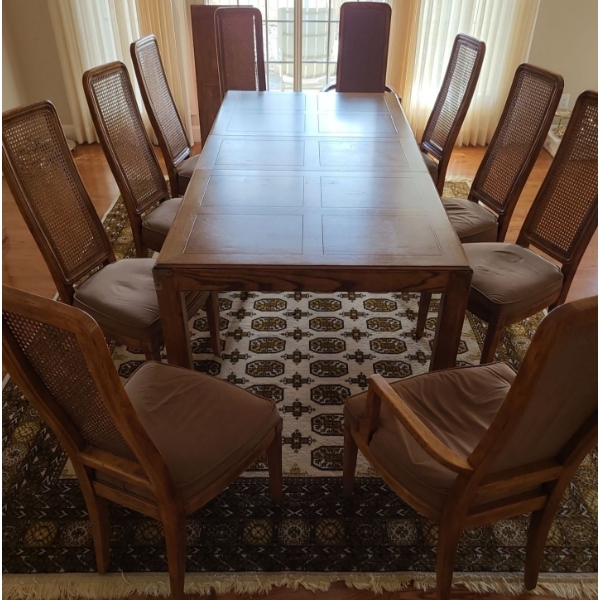 Large Wooden Dinner Table Set w/ Leaf & 10 Chairs - Table Measures 84L, 40D, 29T 