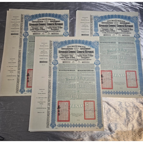 3 Vintage 1913 Chinese Republic Lung-Tsing-U-Haï Railway Gold Bonds.