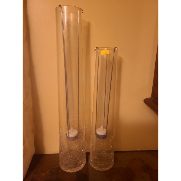 Candleholders Metal and Glass (20"T, and 16"T, Base on Both is 4"W)