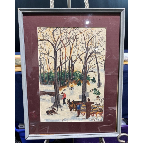 Unsigned Tree Tapping Scene Ink on Fabric 14Wx18H