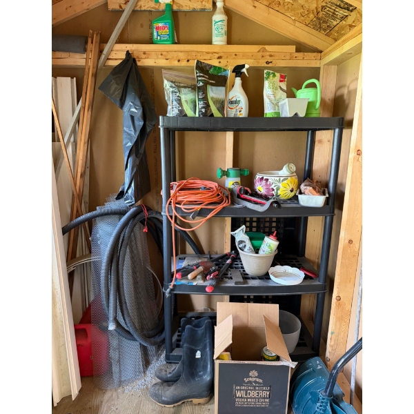 Comprehensive Shed Storage Lot With Tools, Ladder, and Supplies