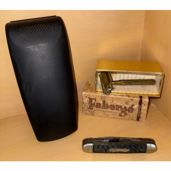 Antique Fabrege' Straight Razor w/ Braun Battery Powered Razor & Pocket Knife