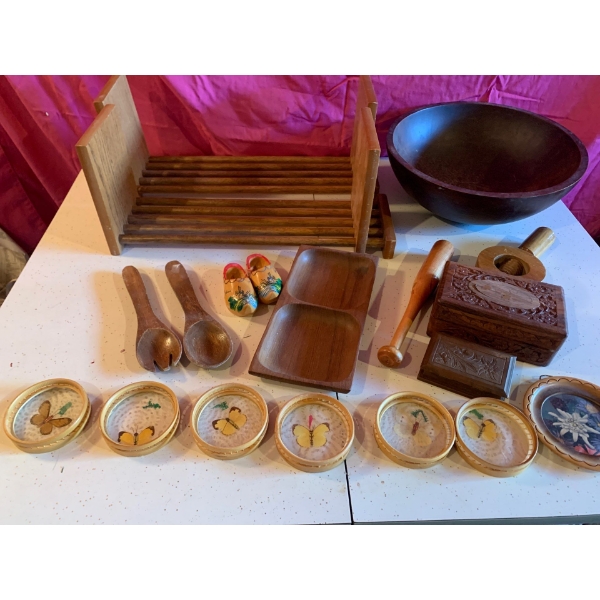 Wooden Decor Lot, Large Wooden Serving Bowl,  Book Ends and More