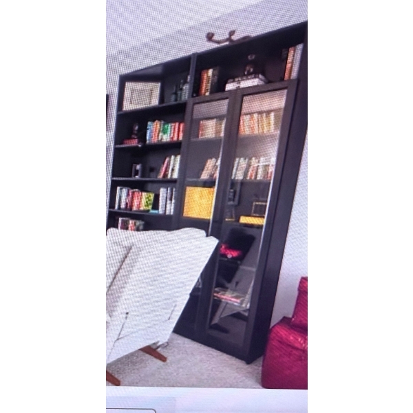 Contemporary Two-Piece Glass Door Bookcase and Open Shelf Unit in Dark Finish