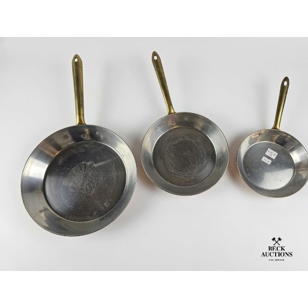 Vintage French Copper Pans Featuring Tin Lining And Brass Handles