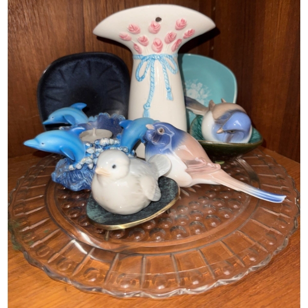 Glass Bird Enchore w/ Crystal Serving Tray ++ Dolphin Candle Holder