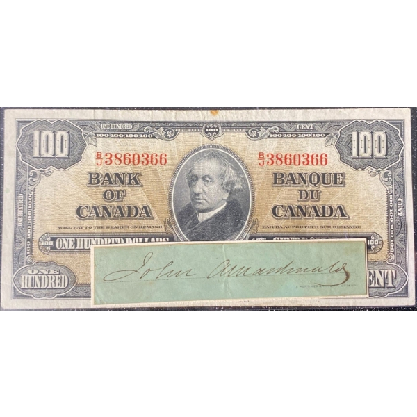 1937 $100 Canadian Bill & Authenticated John A. Macdonald Signature 