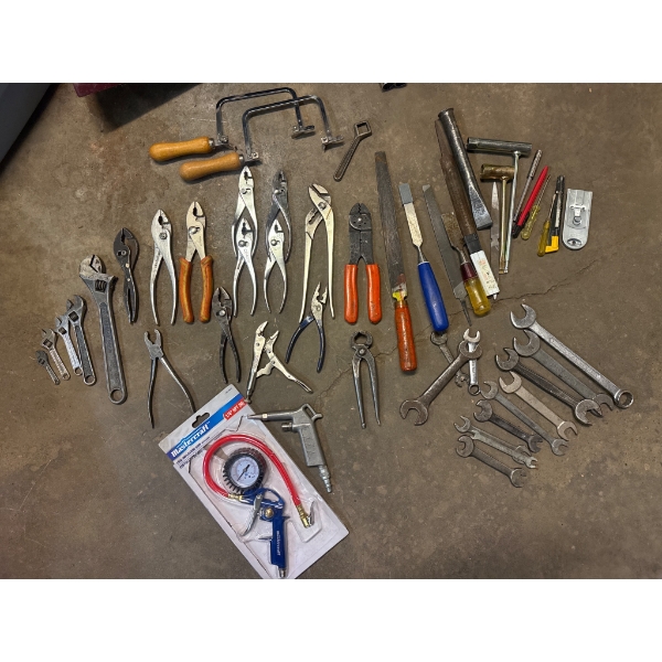 Hand Tools and Accessories Including Wrenches, Pliers, Files, and a Mastercraft Tire Inflator Kit