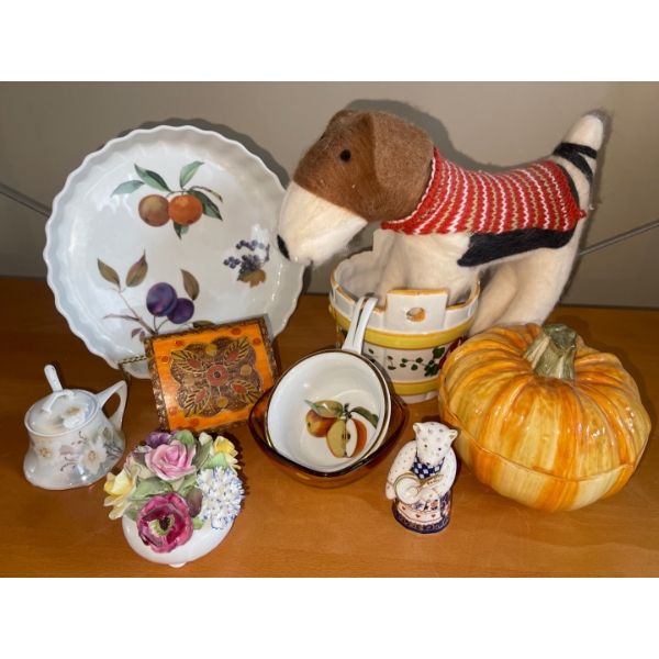Fall/Autumn Themed Decor  Glass Pumpkin, Stuffed Puppy, Bone China Items & More