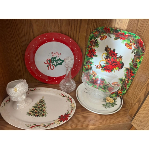 Christmas serving trays, glass decanter, bowl and vintage iridescent ceramic lady head. 