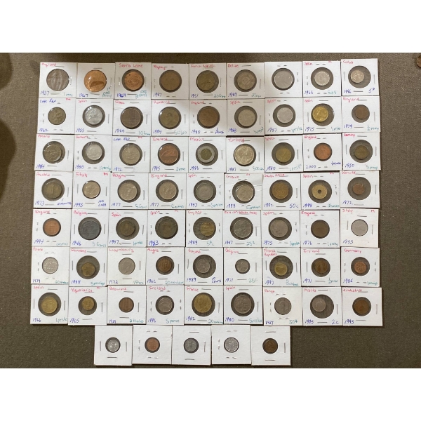 75 World Coins in Individual Card Holders with Labels