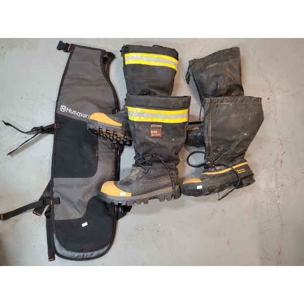 Safety Gear: 2 Pairs of Men Size 10 Work Boots and Crain-saw Protective Chaps (36"T)