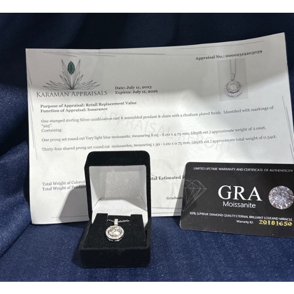 2ct Round Moissanite with 34 Cubic Zirconium Chips Set in Sterling Silver Necklace