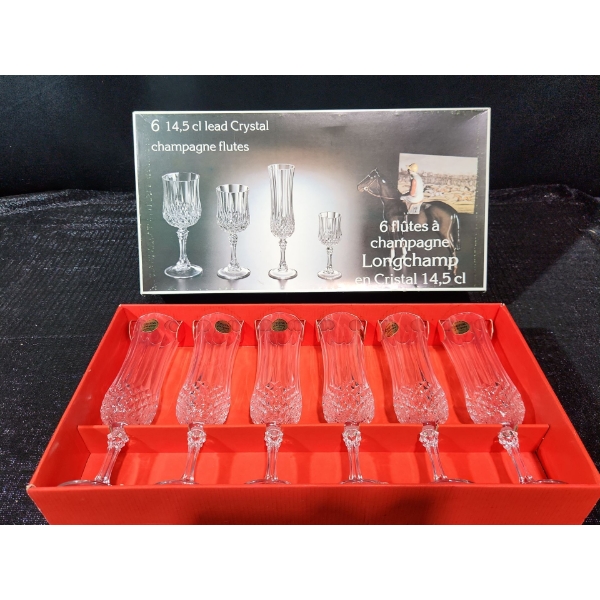  Set of Six Longchamp Cristal d'Arques 24% Lead Crystal Champagne Flutes