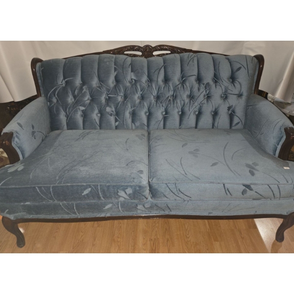 Gorgeous Antique Fabric & Wood Couch - 58W, 35D, 30T 
