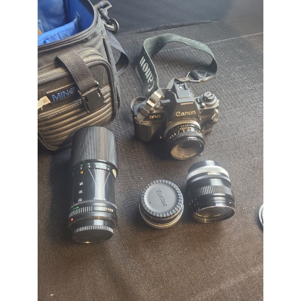 Canon F-1 Camera in Minolta Case, Lenses