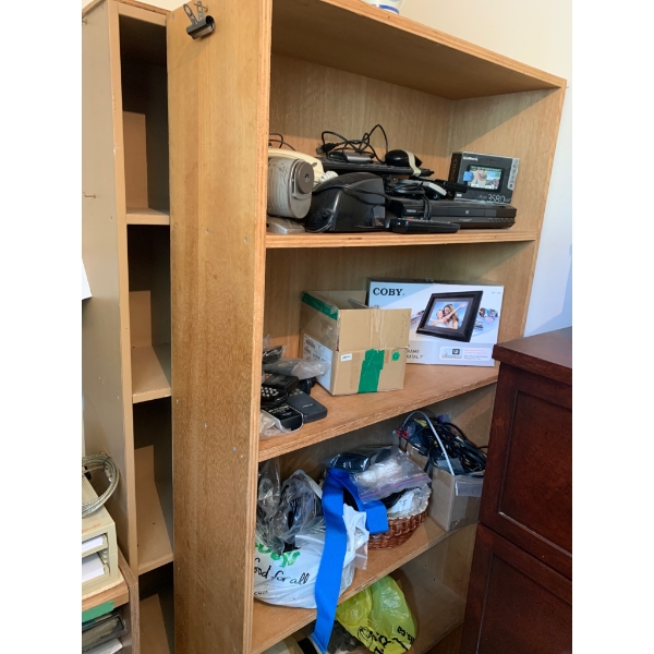 Two Wooden Shelving Unit with Assorted Electronics and Accessories