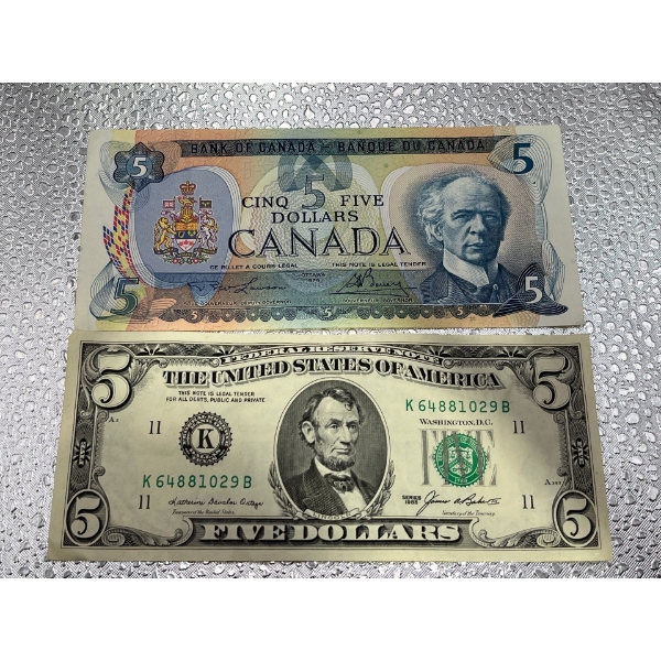 1979 Canadian $5 Bill 30403635633 & 1985 US $5 Bill K64881029B