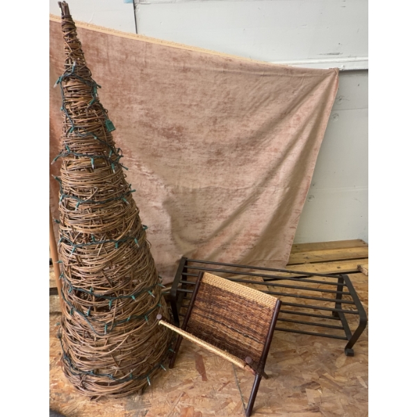 Bundle: Wicker Tree With Lights, Woven Magazine Rack, Metal Rack