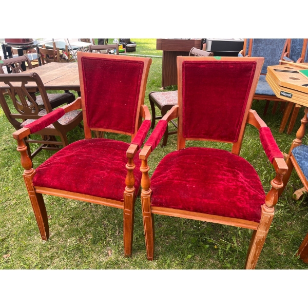 2 Vintage Oak Chairs with Arm Rests & Red Velvet Seats 