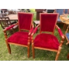 Image 1 : 2 Vintage Oak Chairs with Arm Rests & Red Velvet Seats 