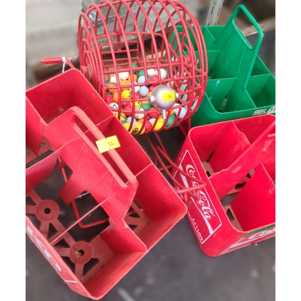 Vintage Coca- Cola Bingo Wheel Spinner 13 W, 13 D, 16 T and Coca Cola/ 7 Up Bottle Carrying Trays 