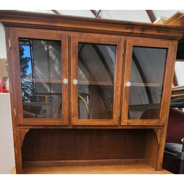 Teak Wood Buffet Hutch with Glass-Panel Doors and Open Storage