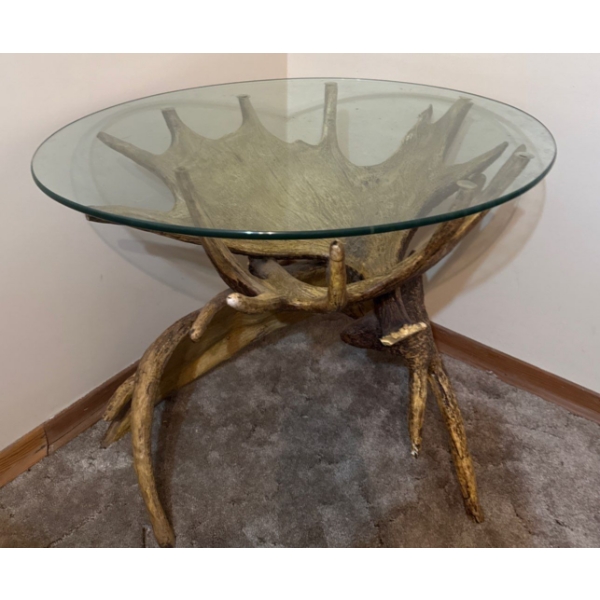Glass Topped Coffee Table w/Moose Antler Base-Antler End Table