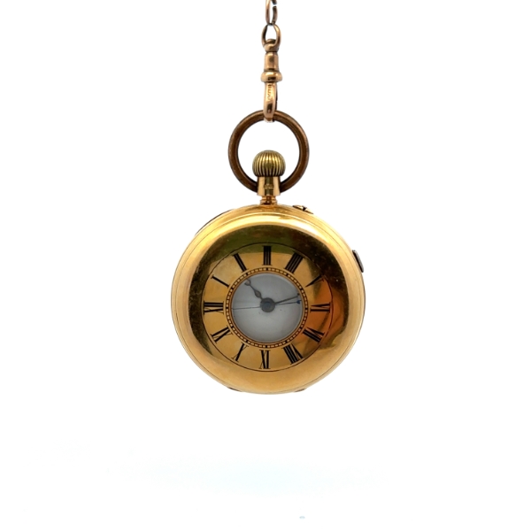18K 117.9g Victorian Enamel Pocket Watch Hunter Case with 27.8 9K Chain & 8.64g Coin Fob 