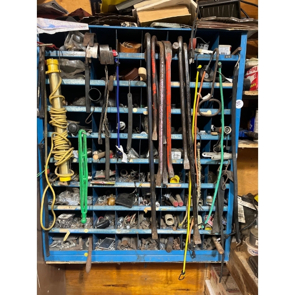 Bolt Bin bolted to the wall. Buyer must be removed full of miscellaneous parts, cro bars, electrical